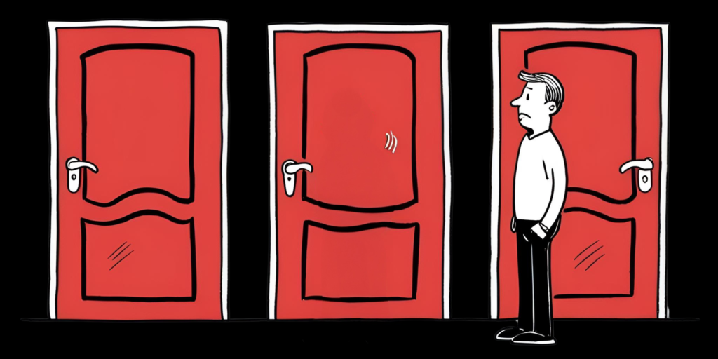 a man deciding between three doors