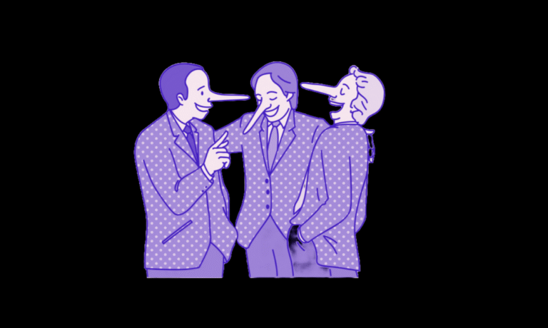 three men in suits and long noses symbolizing lies