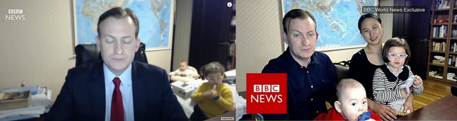 Split-screen of man in a meeting with family